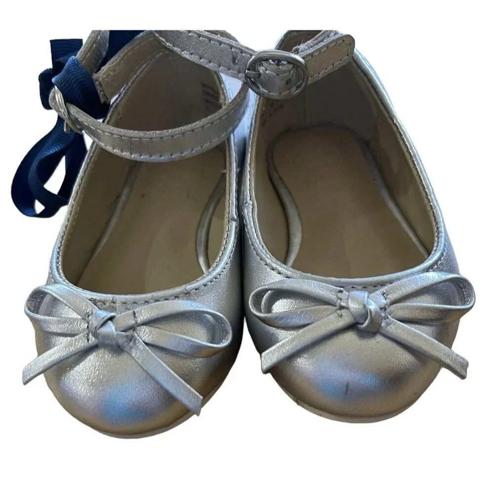 Janie And Jack Shoes Girls Toddler‎ Size 4 Cinderella Princess Bow Silver Flats